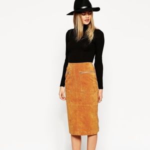 ASOS Brown Suede Zipper Midi Pencil Skirt